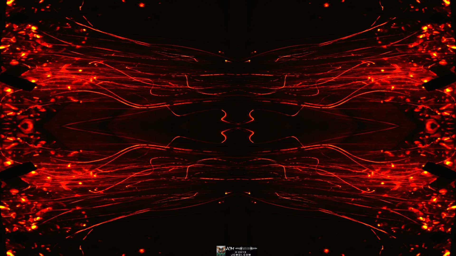 Quadroscopic art made from a still image � Fireplace coals and firefall